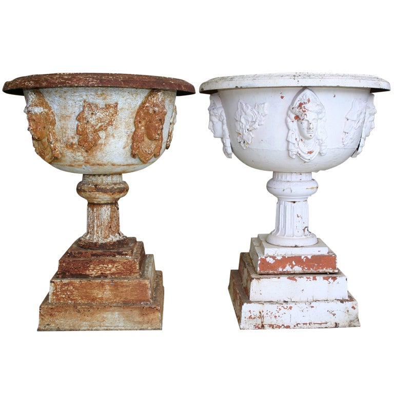 Antique Cast Iron Urns with Plinths For Sale