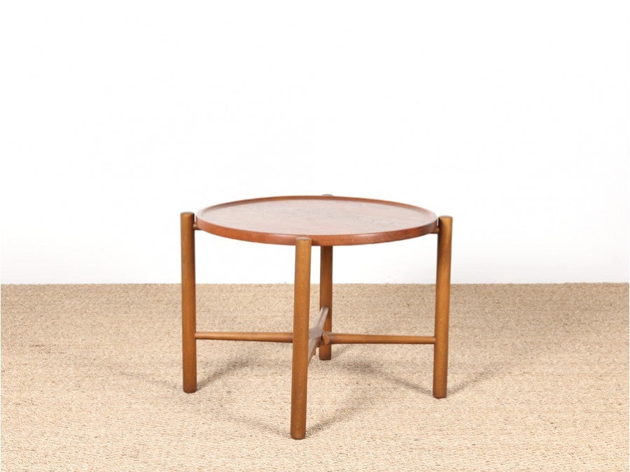 Rare coffee table by Hans.J.Wegner for Andreas Tuck. Legs in beech. Reversible solid teak tray. System for folding legs.