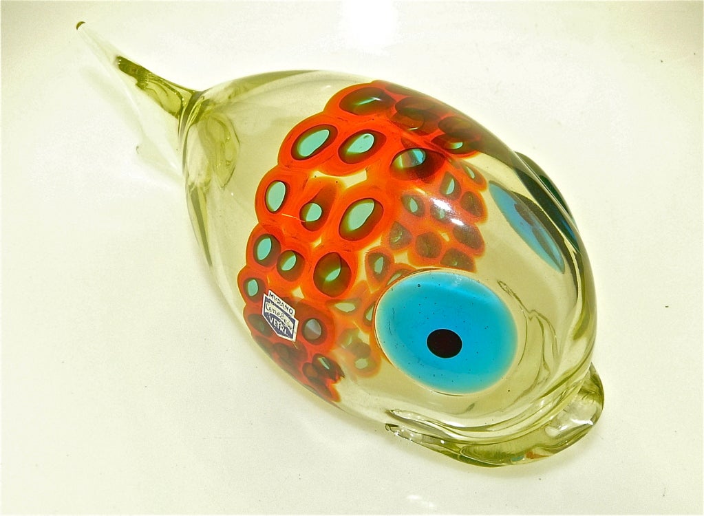 Italian glass fish designed by Antonio da Ros for Cenedese , decorated with red and green 