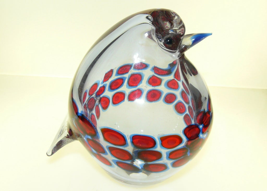 Glass bird designed by Antonio Da Ros for Cenedese, decorated with Red and blue