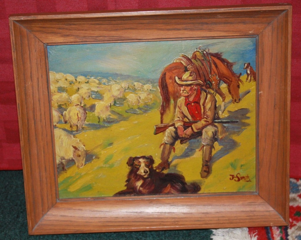 This is a set of four western themed oil on board paintings by J. Smith which I believe date to the 1950's. The paintings are lively and colorful with cowboys and horses as their main theme. I think you may like the impressionistic look of the