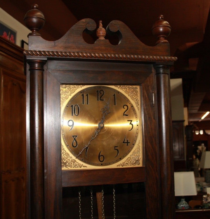 This is a well made German Grandfather clock. The clock has been recently serviced by a professional clock maker. It runs well and has a rich baritone 