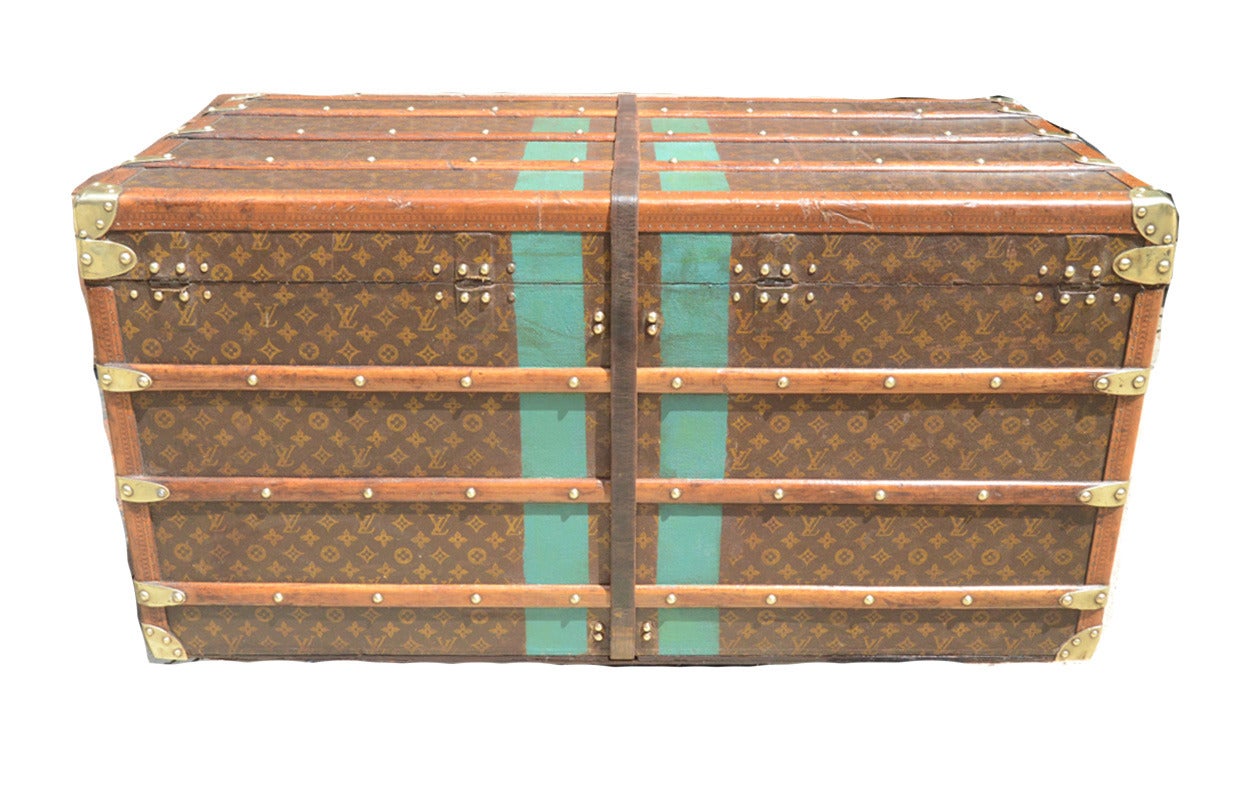 Early 20th Century ANTIQUE LOUIS VUITTON Monogram Green Stripe Trunk with Storage Trays c1920 For Sale