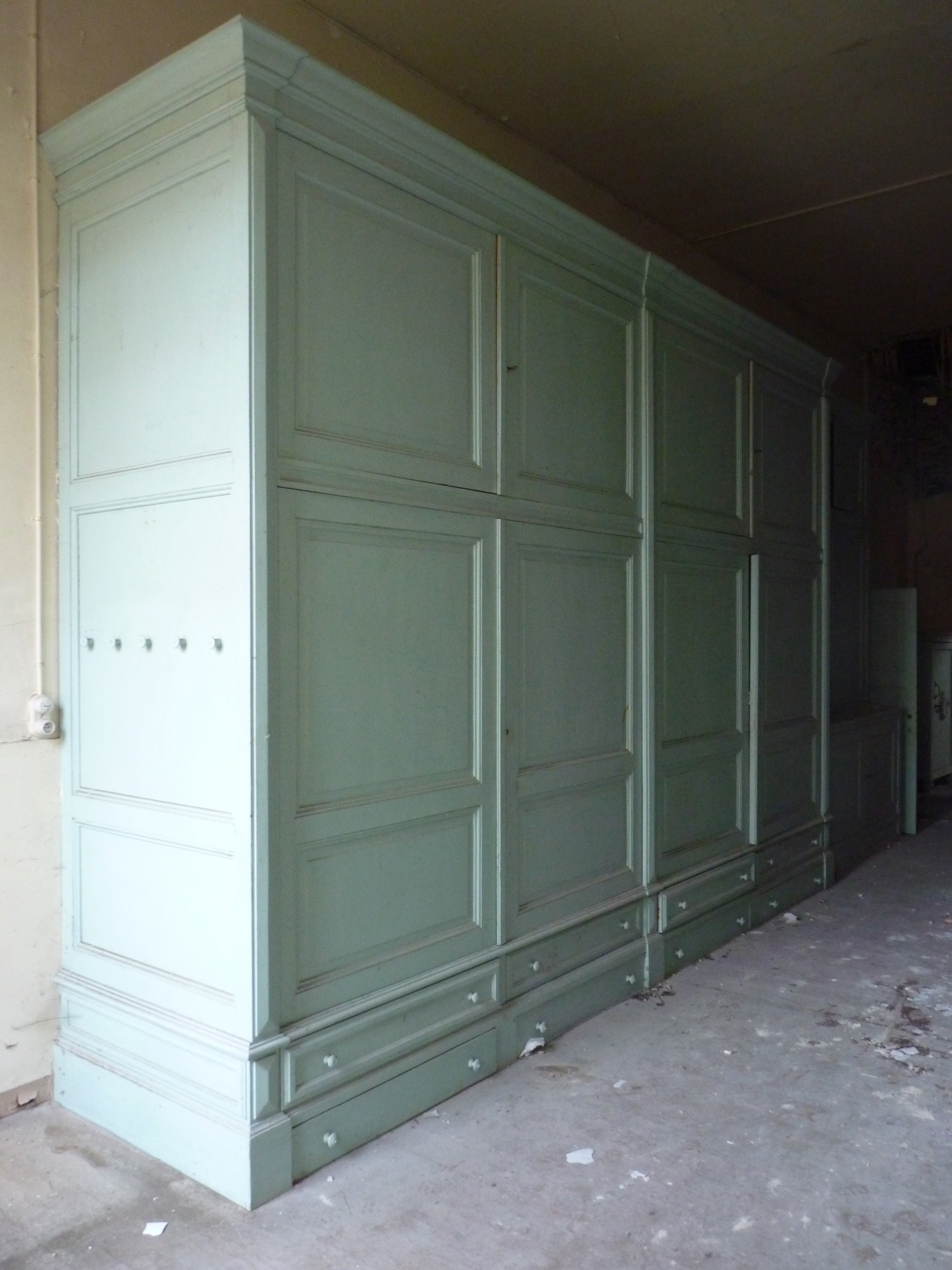 Gigantic Bruges convent mid 19th century painted cabinets, 8 drawers , 8 doors