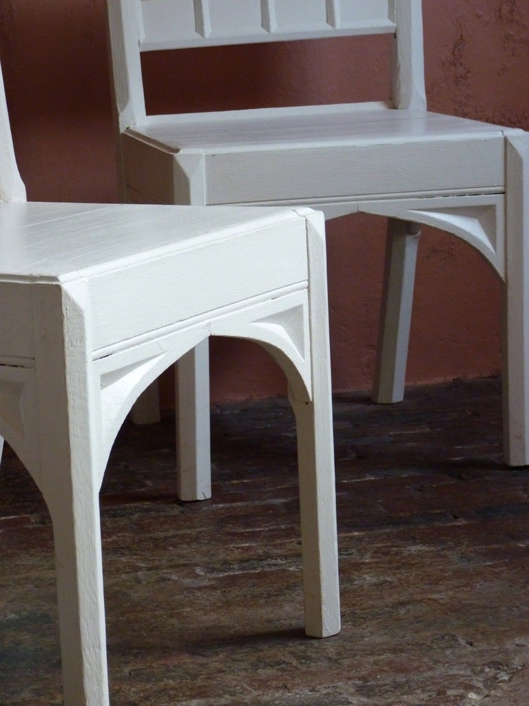 set of 4 English art deco/gothic revival white painted oak chairs For