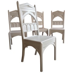 set of 4 English art deco/gothic revival white painted oak chairs