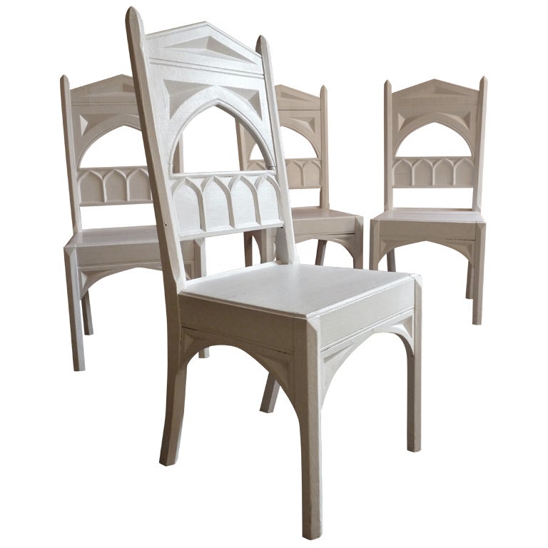 set of 4 English art deco/gothic revival white painted oak chairs For