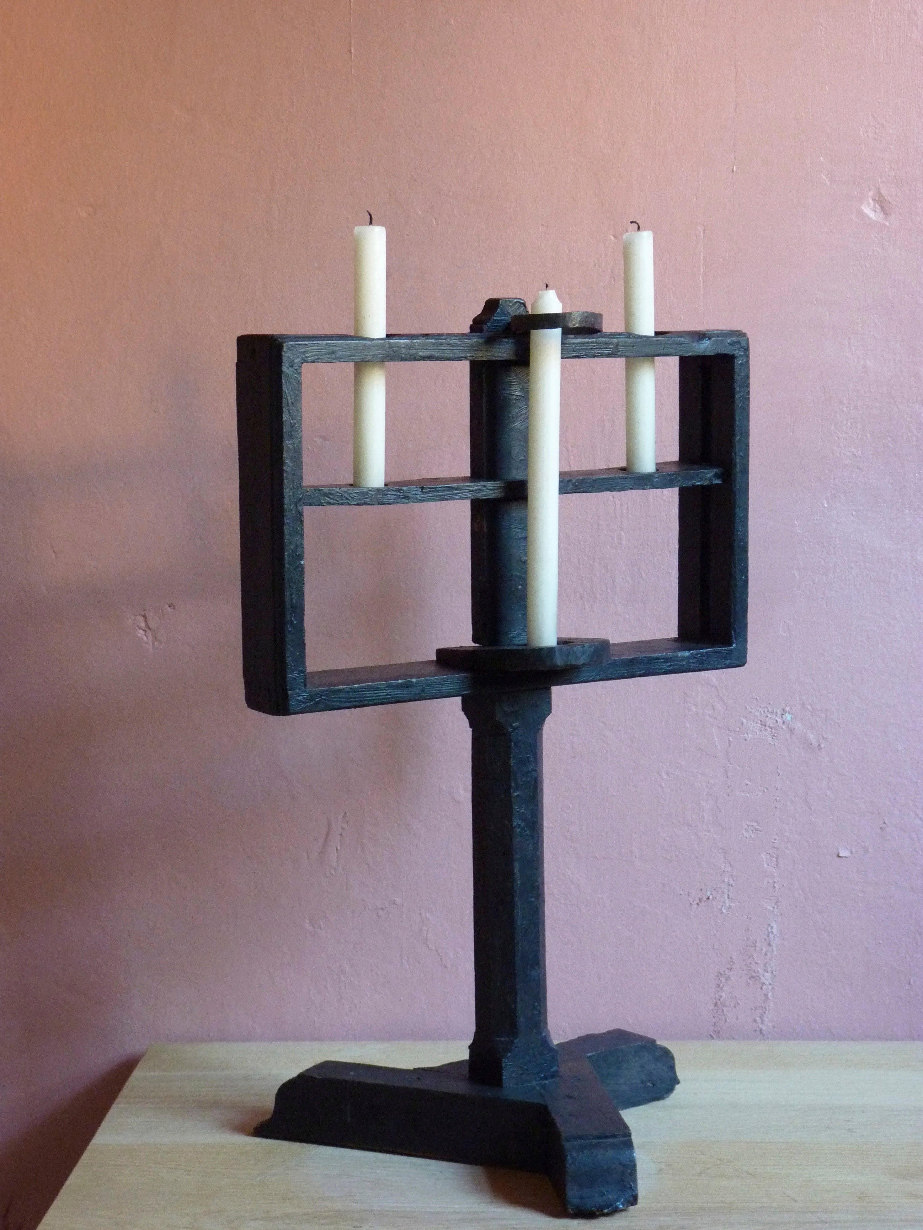 French Folk Art Candlestick, Ebonised Wood For Sale