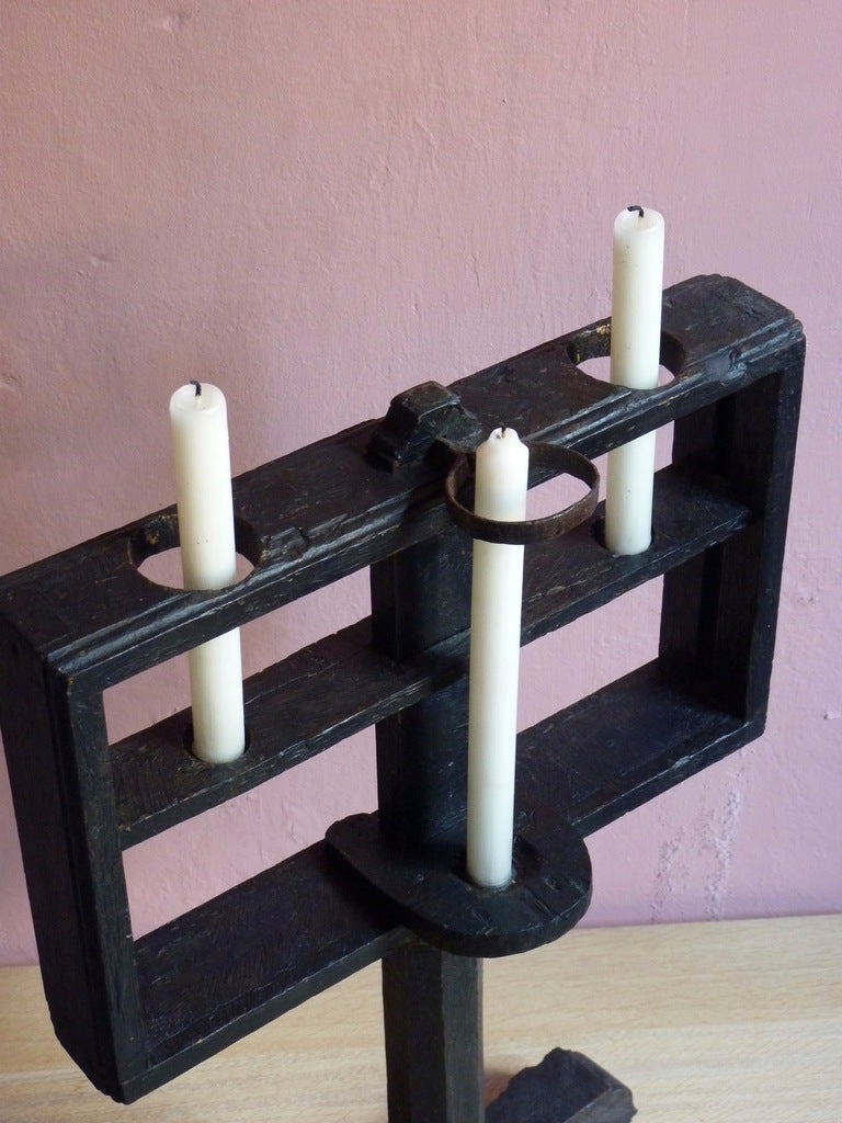 French Folk Art Candlestick, Ebonised Wood For Sale 1