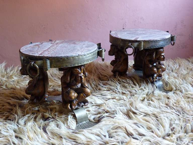 Pair of Belgian 1960s gothic revival coffee tables, gilt iron ,resin and marble