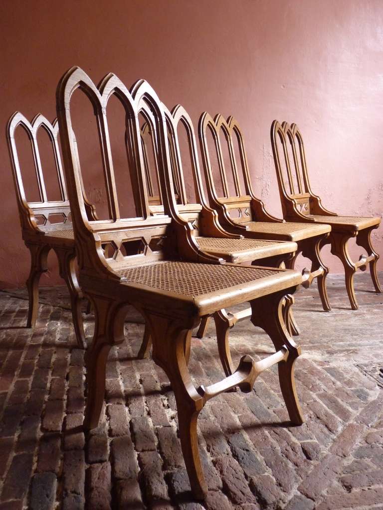 Set Of Six French Oak Early Gothic Revival Ossuarium Style Chairs