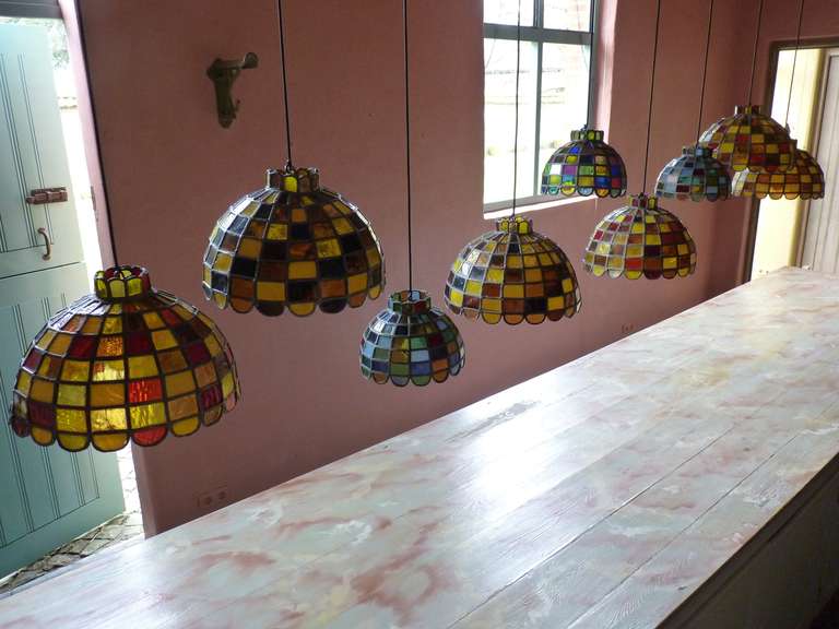Set Of Nine Belgian Art Deco Stained Glass Lead Lamps