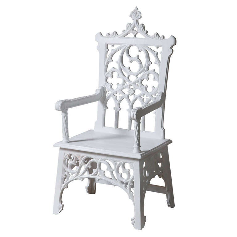 english white painted gothic revival throne chair For Sale