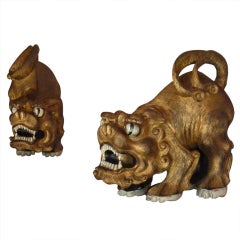 Pair of Gilt Wood Chinese 1940's Carved Wooden Dogs