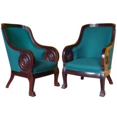 Pair of mid 20th c. mahogany French Empire style "fauteuils en gondole"
