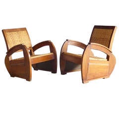 Pair of French Fruitwood and Wicker Art Deco Chairs, 1930