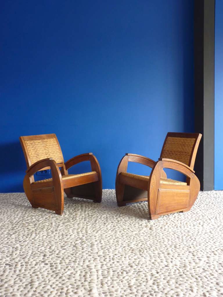 Pair of French Fruitwood and Wicker Art Deco Chairs, 1930