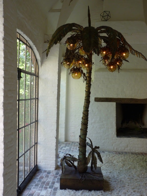 Italian 1970s gilt iron coconut tree lamp