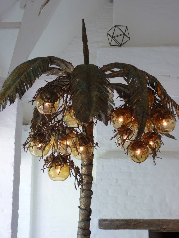 Wrought Iron Italian 1970s Gilt Iron Coconut Tree Lamp