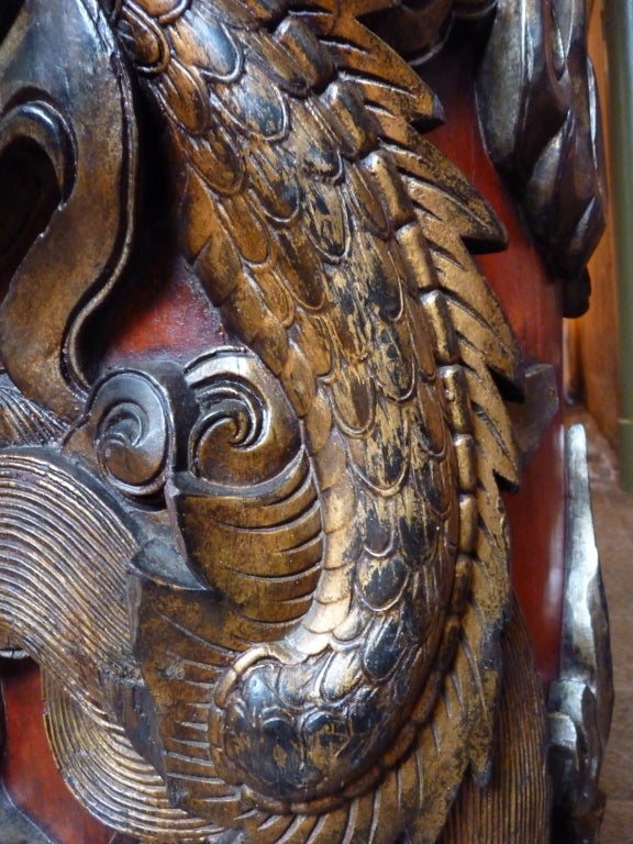 Pair of 1900 Shanghai carved wood dragon columns 3