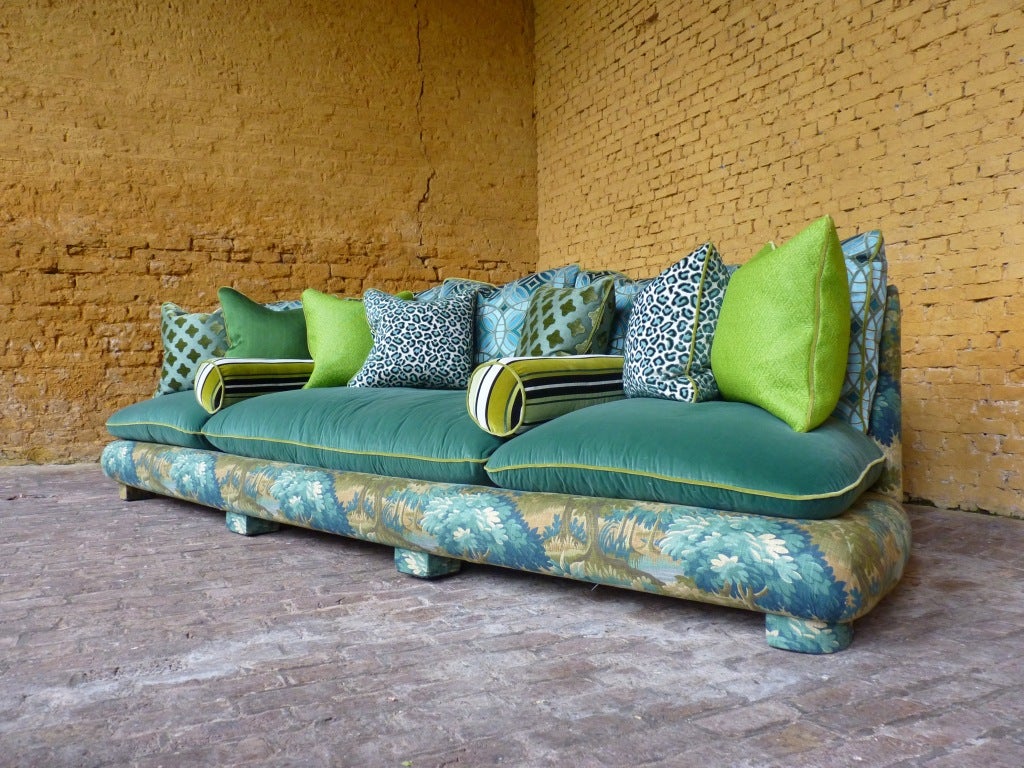 reupholstered french 1940s cha cha sofa in verdure fabrics