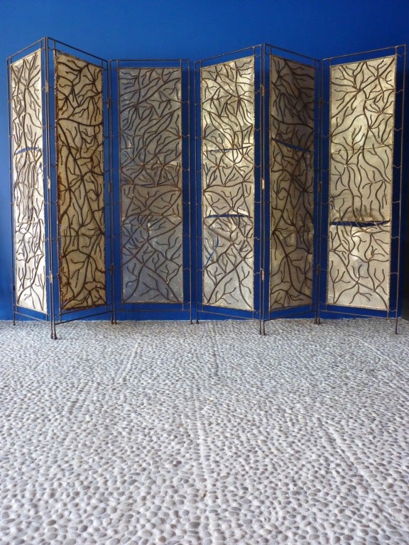 Pair of 3 Fold Cast Iron and Parchment Folding Screens 1960