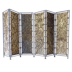 Pair of 3 Fold Cast Iron and Parchment Folding Screens 1960