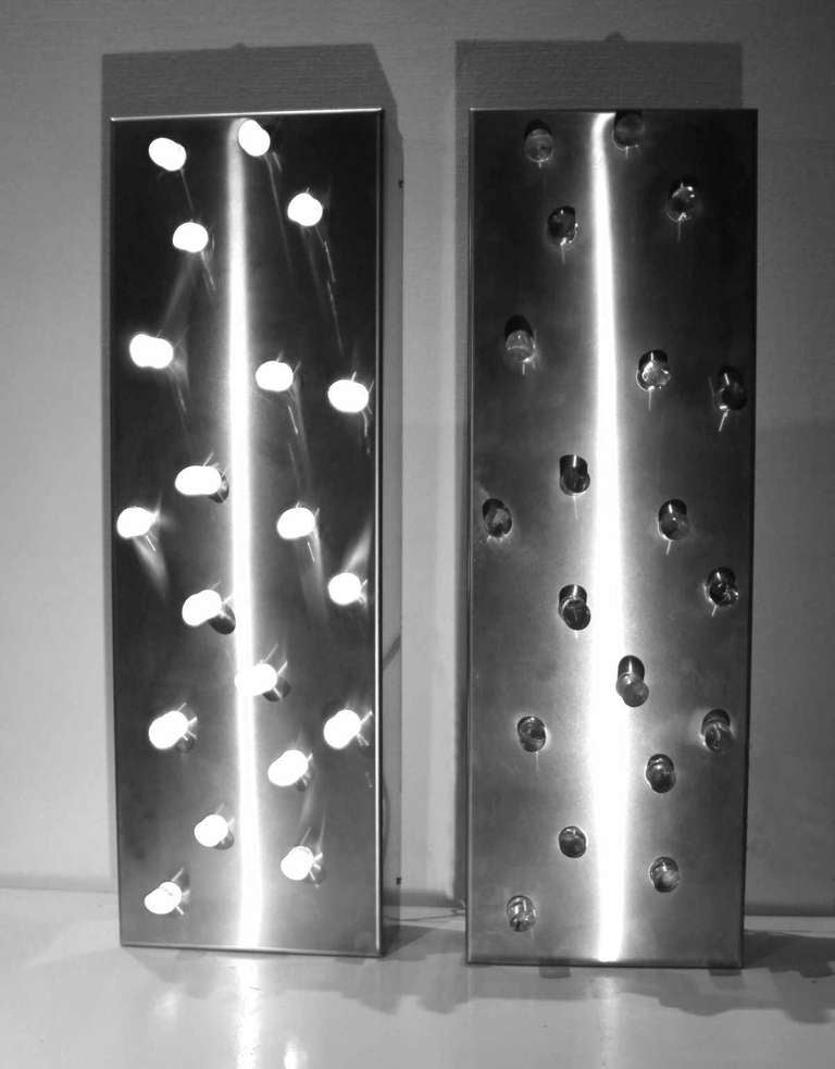 Italian Pair Of Large 1970's Wall Lights In Stainless Steel And Lucite For Sale
