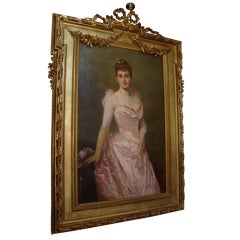 Antique "Young woman in pink dress with wide range"