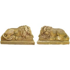 Pair of large sleeping lions in hand carved stone after Canova, France XXth C