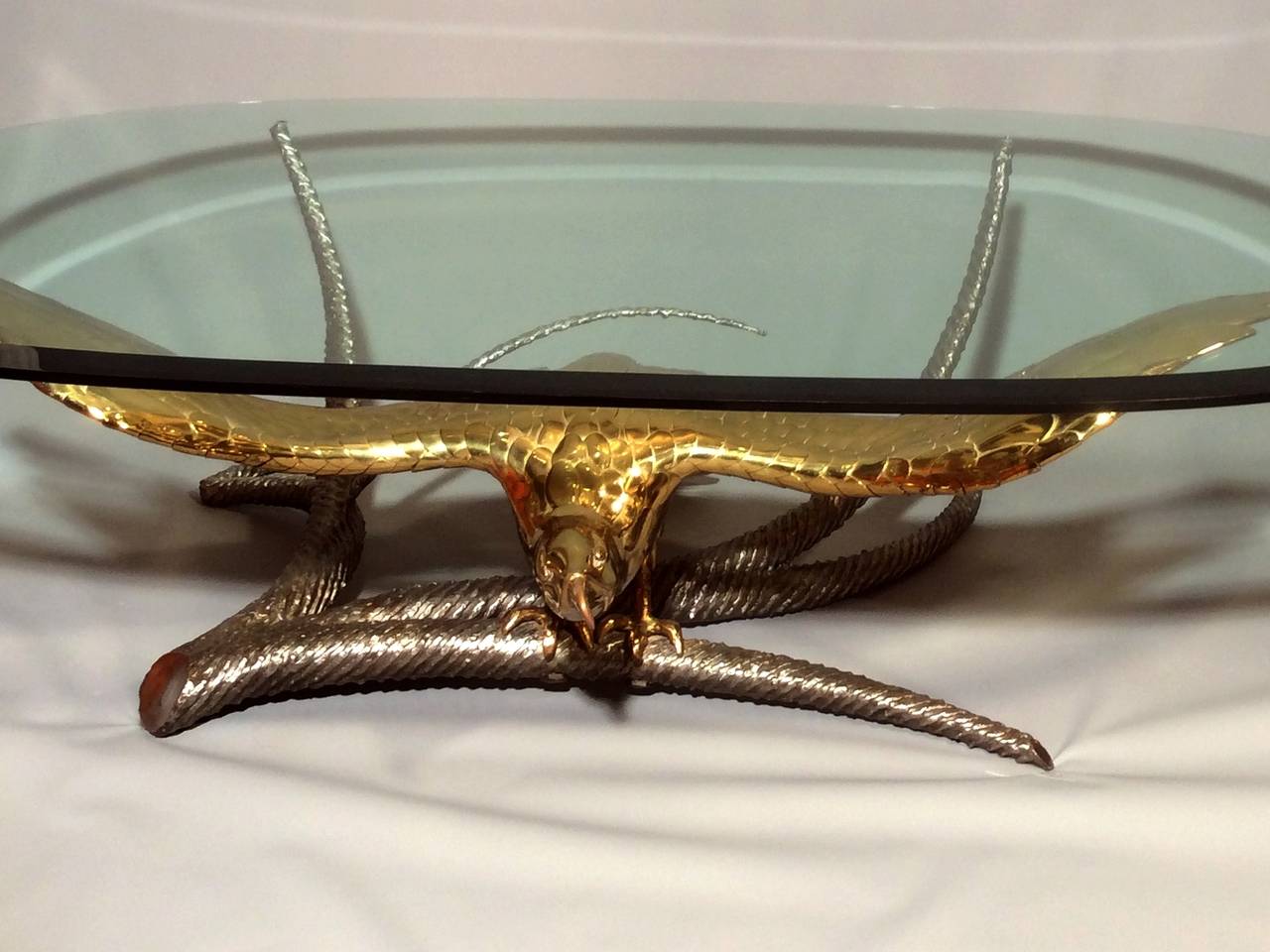 Beautiful sculpture in polished brass and polished steel handmade by Alain Chervet, with  origilal tray in beveled glass. Signed.