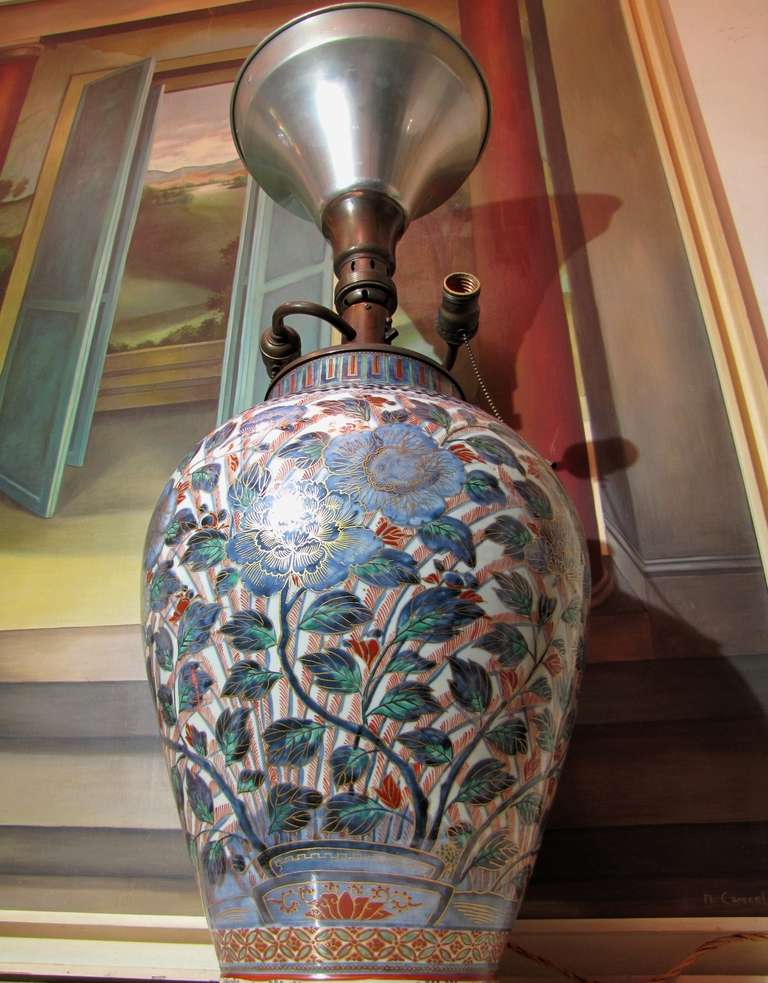 Japanese Imari Vase Mounted In Lamp For Sale