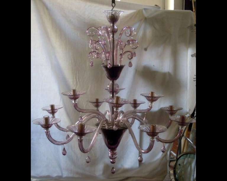 Pair Of Chandeliers With Twelve Arms In Clear Amethyst Blown Glass By Venini 4