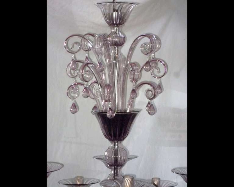 Pair Of Chandeliers With Twelve Arms In Clear Amethyst Blown Glass By Venini 5