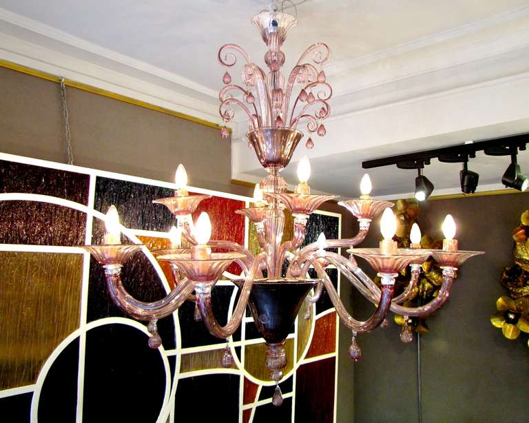 Italian Pair Of Chandeliers With Twelve Arms In Clear Amethyst Blown Glass By Venini
