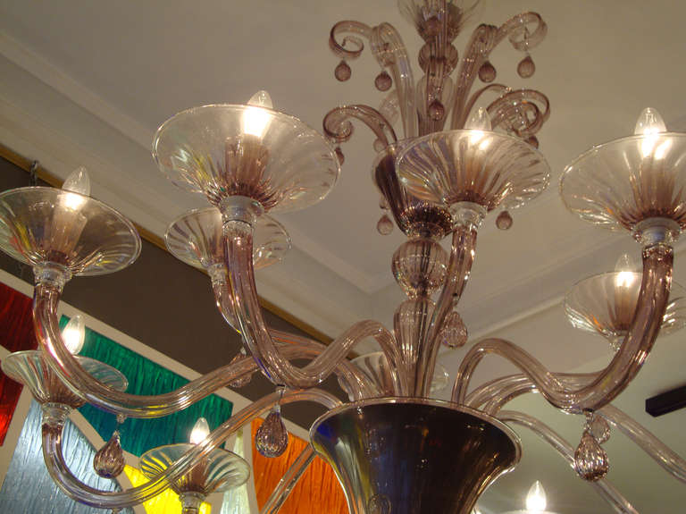 Late 20th Century Pair Of Chandeliers With Twelve Arms In Clear Amethyst Blown Glass By Venini