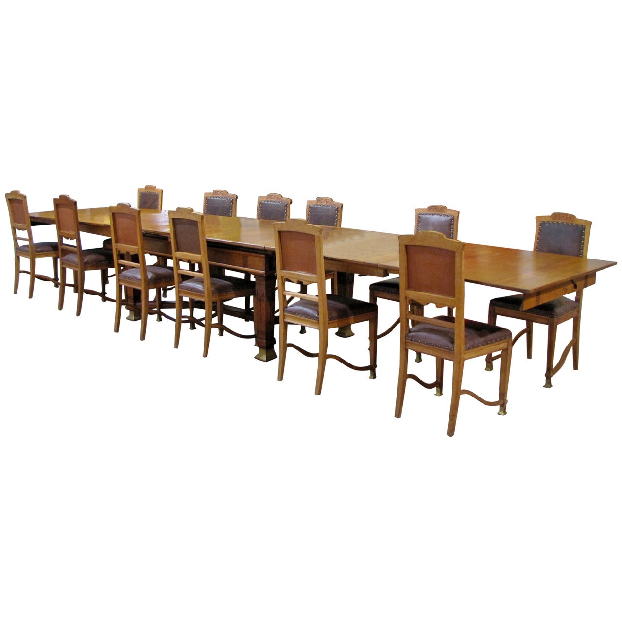 Rare Set of a Table with Four Extensions and 12 Chairs, Art and Craft Period