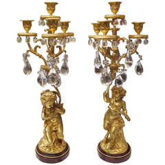 Nice Pair of 1860's Girandoles in Gilded Bronze with Crystal Pendants 10