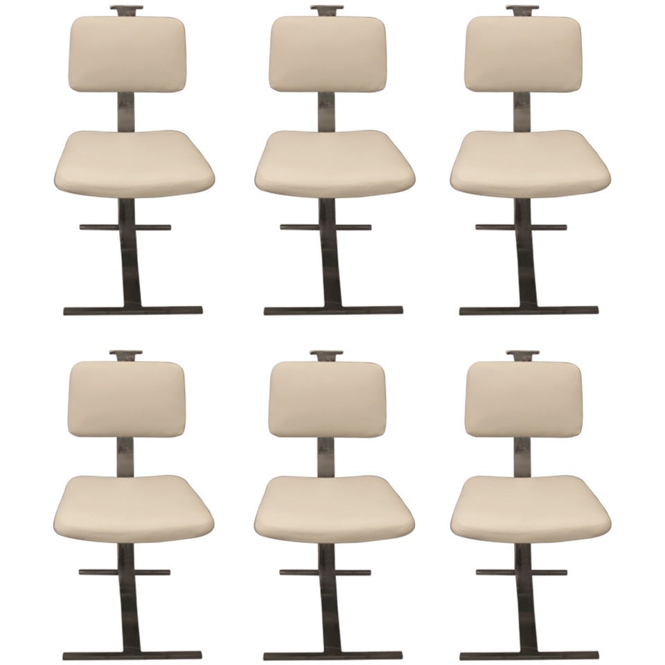 Sechs italienische Stühle aus verchromtem Metall und cremefarbenem Leder aus den 1970er Jahren