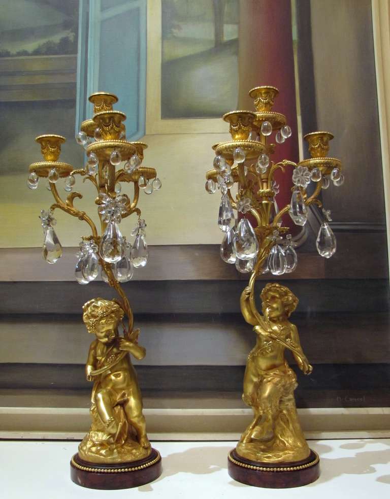 Louis XV Nice Pair of 1860's Girandoles in Gilded Bronze with Crystal Pendants For Sale