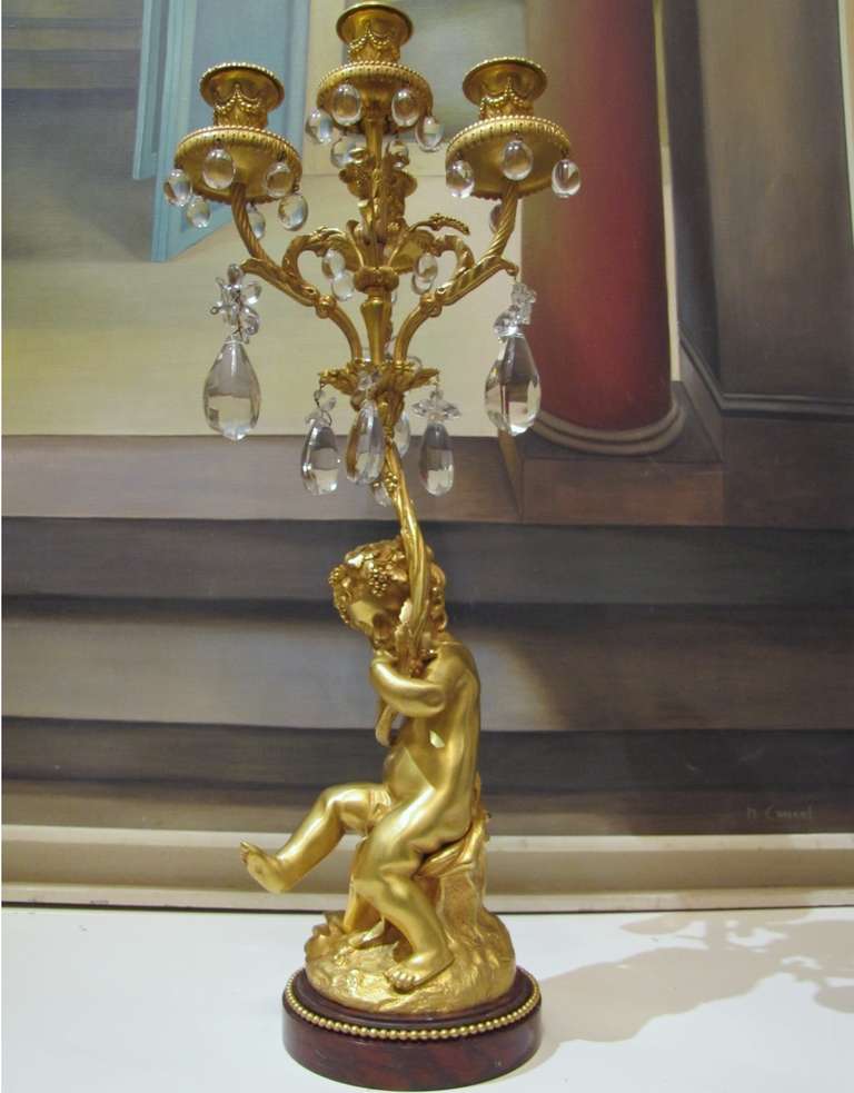 French Nice Pair of 1860's Girandoles in Gilded Bronze with Crystal Pendants For Sale