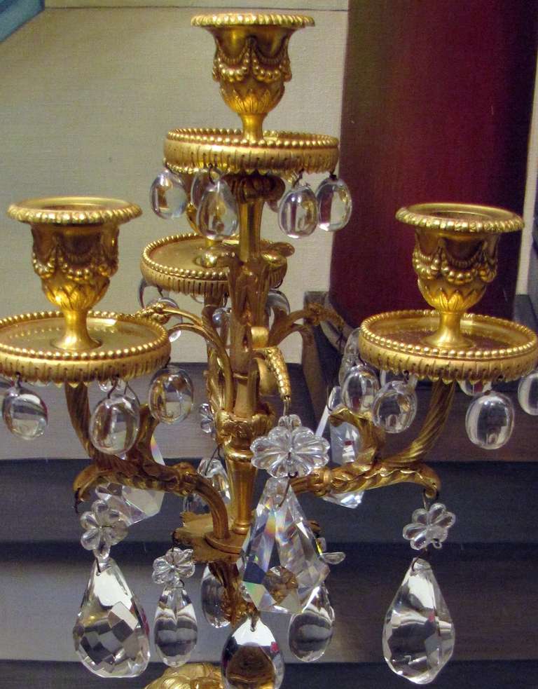 Nice Pair of 1860's Girandoles in Gilded Bronze with Crystal Pendants For Sale 2