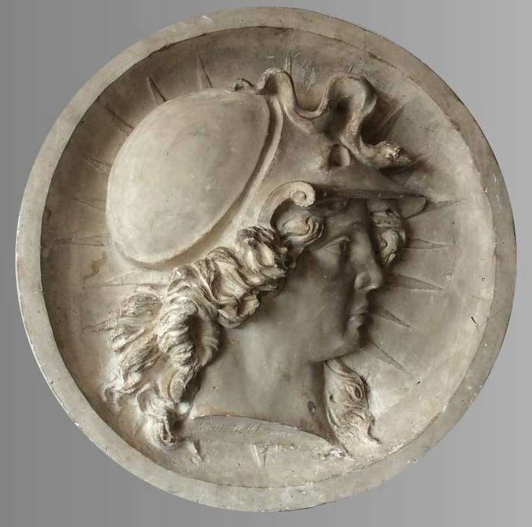 Beautiful and rare collection of plaster casts, models from a school of fine arts, late nineteenth century, France.

Medallion with head of Minerva, signed H. Chaumard and dated 1895