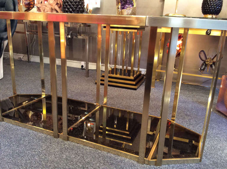 Beautiful 1970's Dining Table in brass and beveled smoked glass 1
