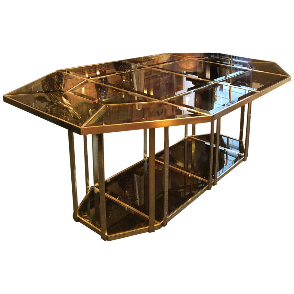 Beautiful 1970's Dining Table in brass and beveled smoked glass