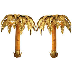 Pair of 1970s Palm Tree Wall Lights in Bamboo and Brass