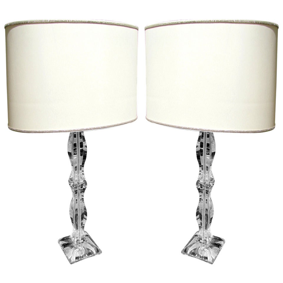 Elegant pair of crystal lamps with contemporary lampshades