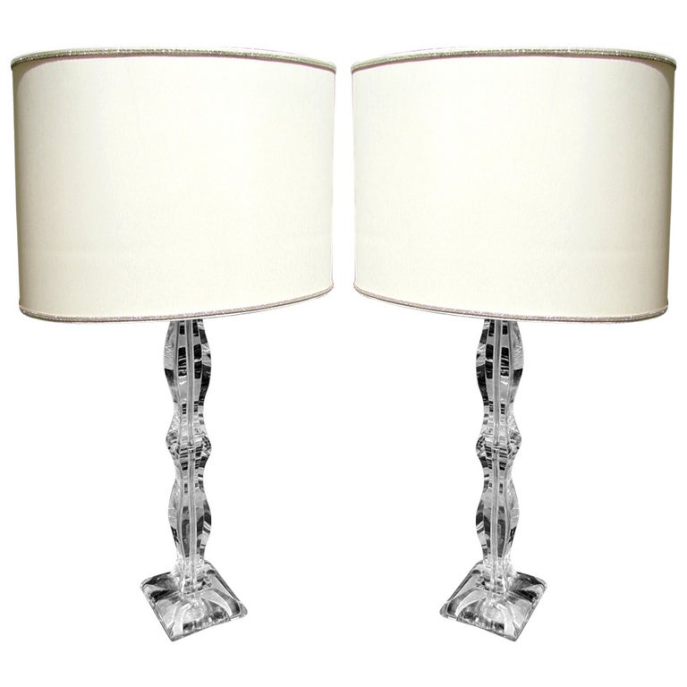 Elegant pair of crystal lamps with contemporary lampshades For Sale