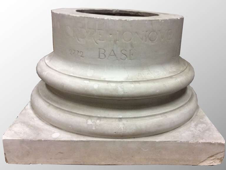 Beautiful and rare collection of plaster casts, models from a school of fine arts, late nineteenth century, France.

Doric column base with inscriptions and stamp.
Diameter of column is 16.14 in.