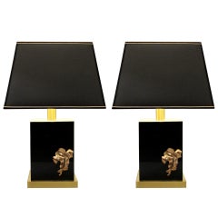 Pair of 1970s Table Lamps in Black Plexiglas and Brass